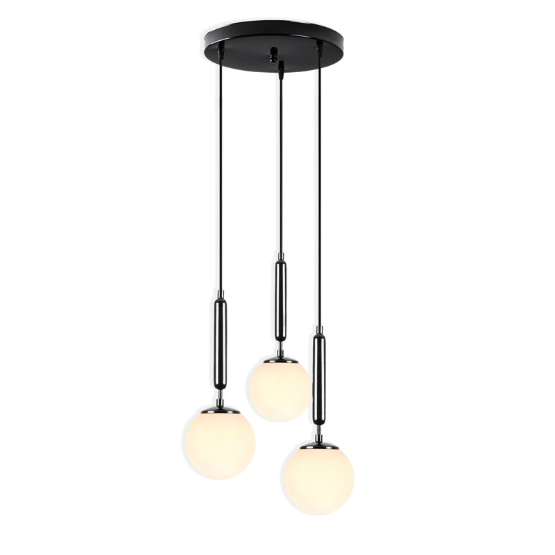 Luminaire suspendu en métal 3 lumières à hauteur réglable avec capuchon en verre, Noir / blanc