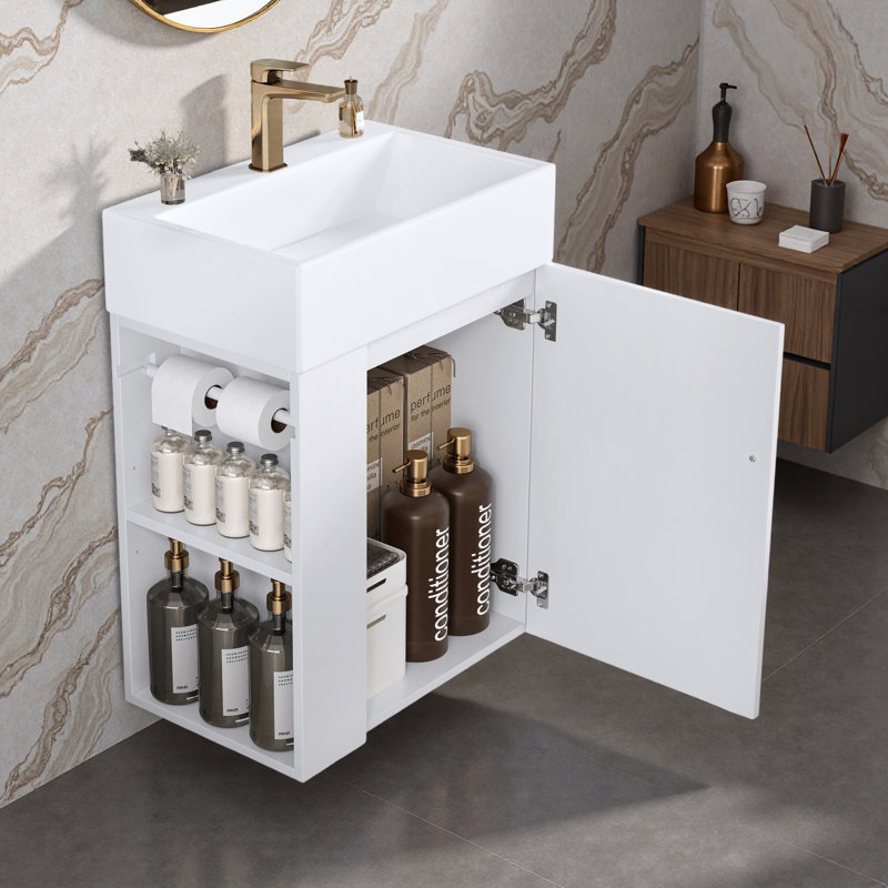 Meuble-lavabo de salle de bain avec lavabo en céramique, porte à motif de losanges, poignée dorée, tablettes de rangement latérales et barre à serviettes intégrée