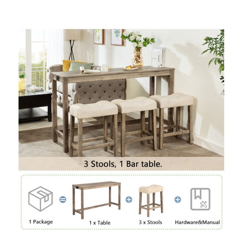Long Counter Height Dining Bar Table & 3 Stools Set—Built-in Power Strip, Padded Seats, Space-Saving for Kitchen/Living/Game Room