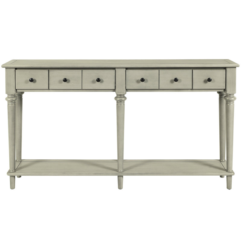 Console grise avec 4 tiroirs et tablette ouverte, style rétro, table de couloir rétro en bois de pin, lavabo, tiroirs, placage, conception stable