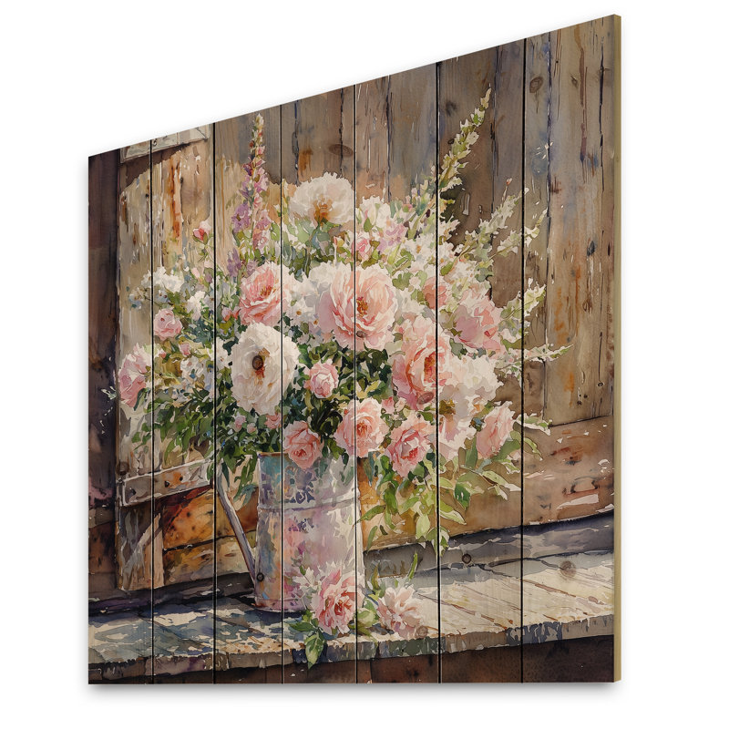Bouquet de roses Summer Blush At The Barn II - Roses, décoration murale en bois - sur bois de pin naturel