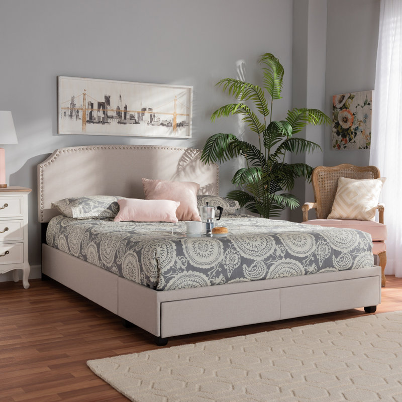 Lit plateforme tapissier avec rangement Evanne Dahle, Très grand, Beige