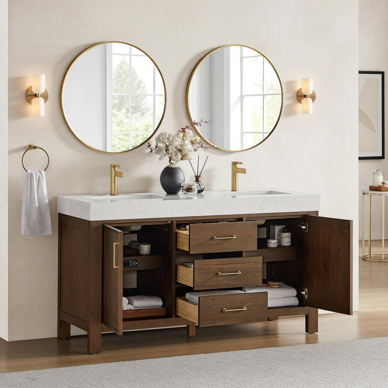 Ensemble de meuble-lavabo double 60 po Yazan, Blanc, Fir Wood Black, Or