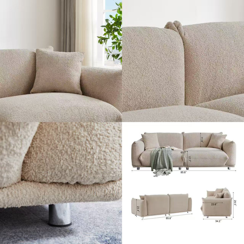 Oversized Loveseat Sofa For Living Room, Sherpa Sofa With Metal Legs, 3 Seater Sofa, Solid Wood Frame Couch With 2 Pillows, For Apartment Office Living Room - Camel