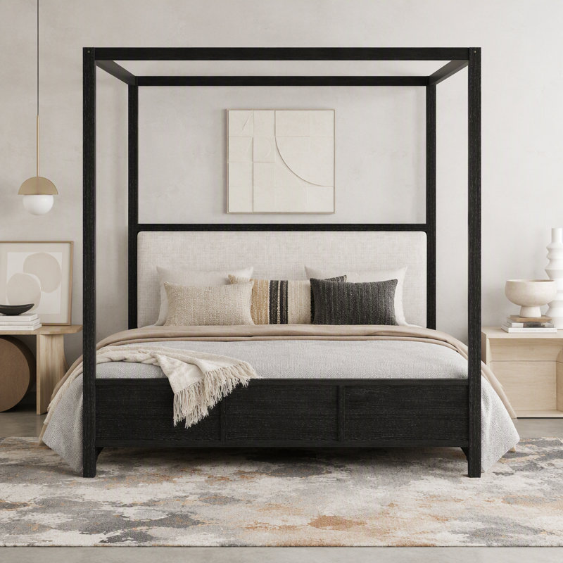 Lit plateforme à baldaquin en bois avec tête de lit tapissier, Très grand lit, Noir