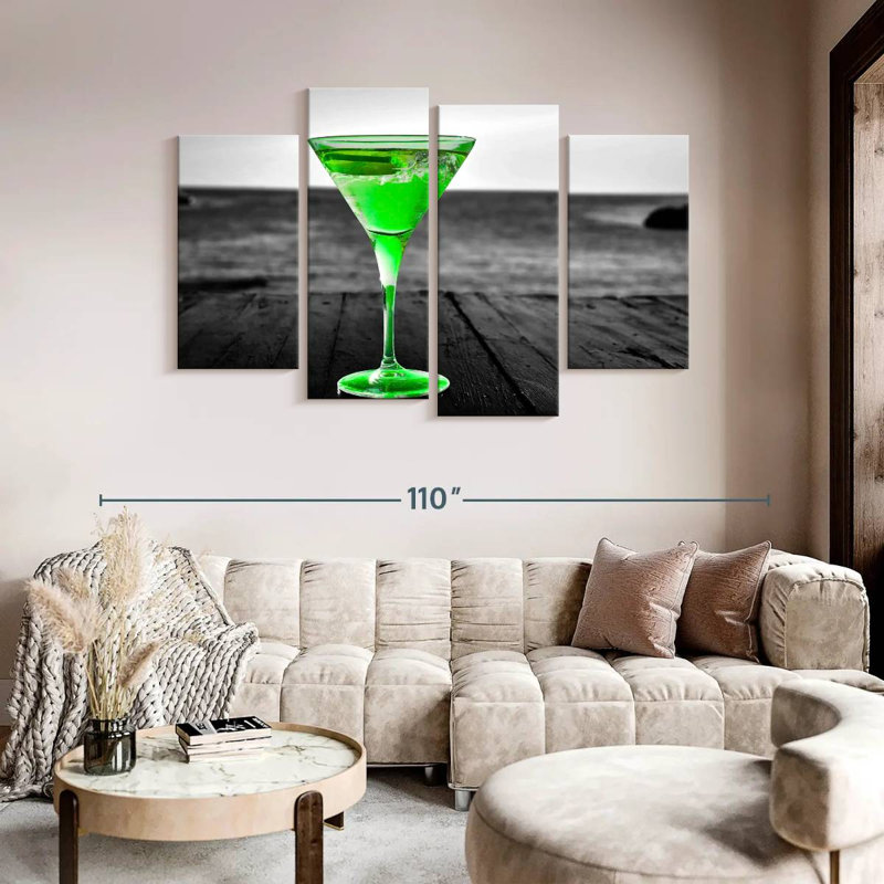 «Cocktail Pop Green Martini», ensemble de 4 reproductions sur toile par SodaPopArt, H 54 po x l 84 po x P 1,25 po