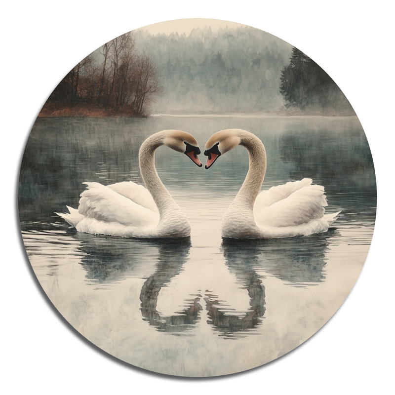 Paire de cygnes dans un lac serein - cygnes, art mural rond en métal, L 23 po x H 23 po