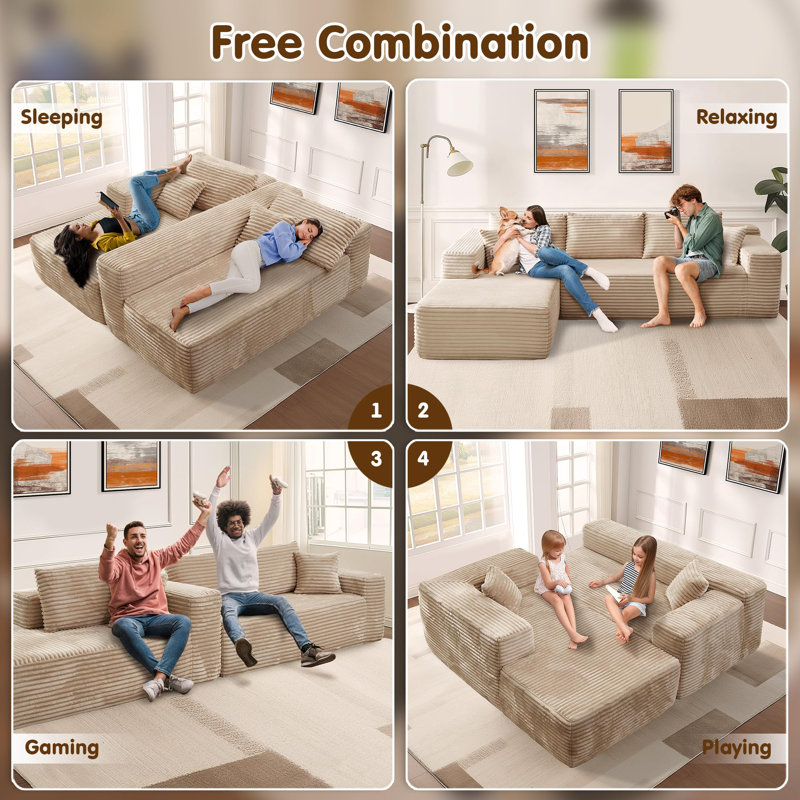 104" Cloud Sectional Couch With L-Shape Chaise, Beige Corduroy