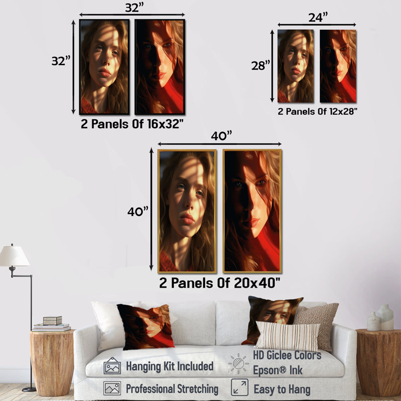 «Coral Chronicles Woman Portrait», ensemble de 2 reproductions d'art sur toile, Cadre noir, H 32 po x l 33 po