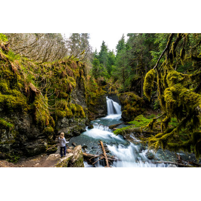 Woman Looking at Rocky Waterfall 1 Piece Wrapped Canvas Wall Art