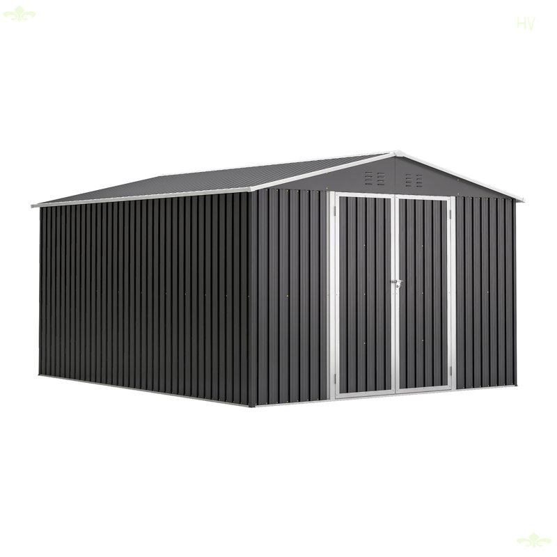 Remise de rangement extérieure 10 pi x 12 pi, rangement utilitaire en métal avec portes verrouillables et structure à cadre, grande remise de jardin en métal pour la cour arrière, pelouse de patio