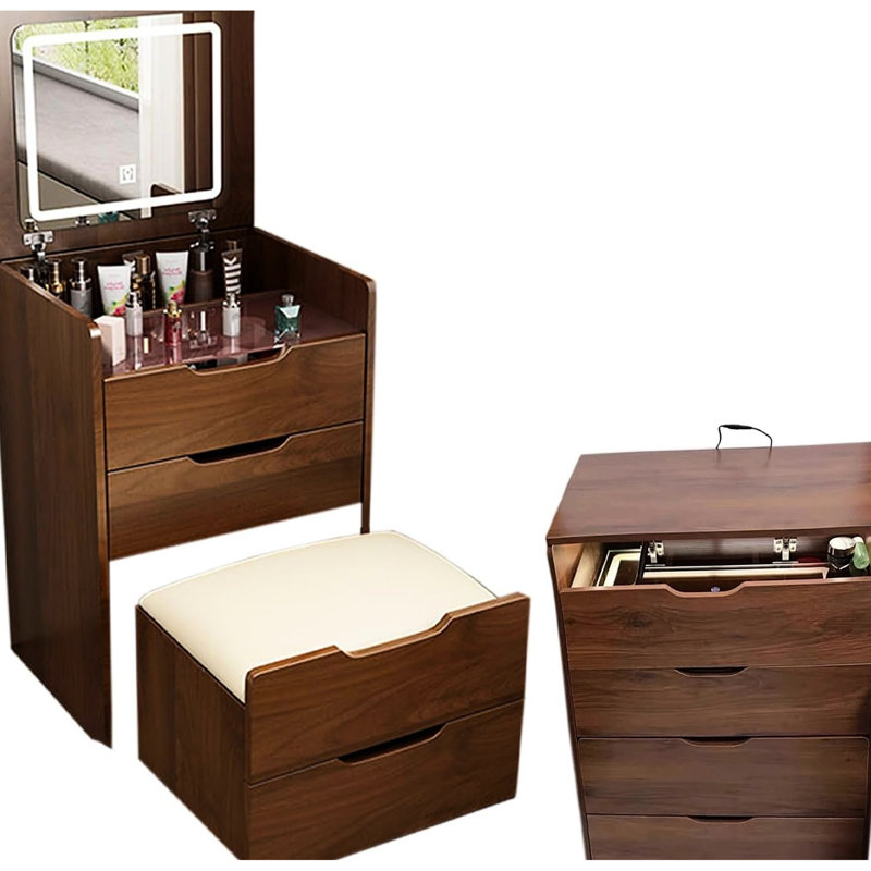 Meuble-lavabo 3 en 1 noyer avec miroir et système de rangement efficace