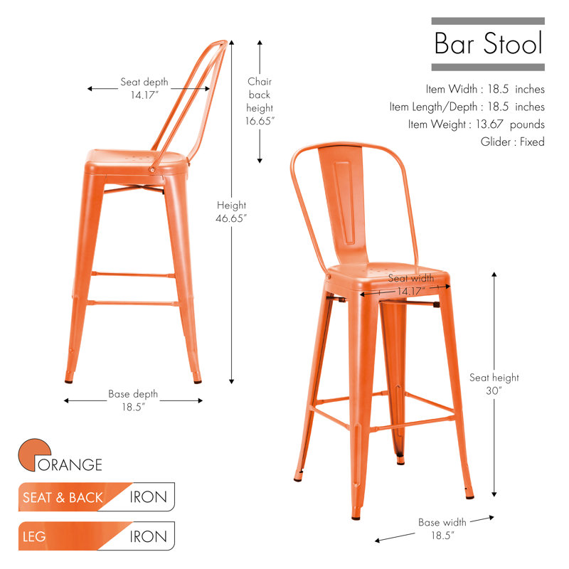 Tabouret de bar galvanisé Iyasia, 30 po, Orange