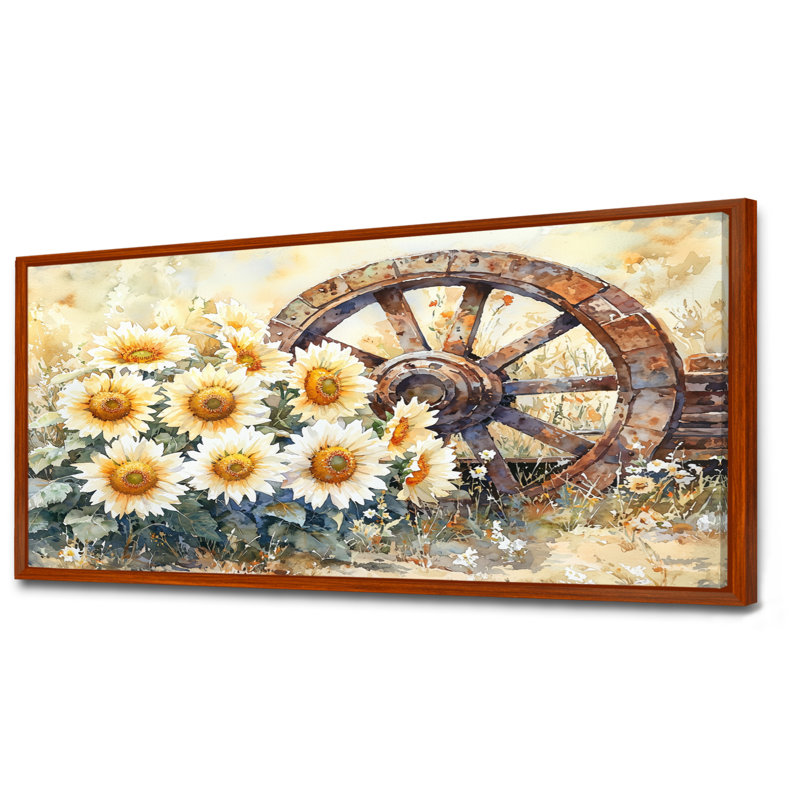 Doten Sunflowers By The Wagon Wheel - Art mural tournesols, H 28 po x l 60 po, Cadre flottant, Brun