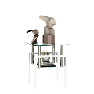 Table d'appoint carrée en verre trempé transparent/blanc, 44,8 cm x 44,8 cm x 52,1 cm, capacité de 68 kg, montage et nettoyage faciles. Parfait pour le café.