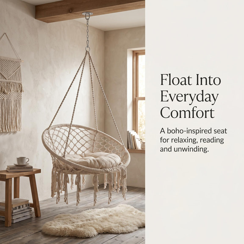 Chaise hamac avec balançoire en macramé, chaise hamac suspendue en corde de coton, chaise hamac avec coussins de siège moelleux, pour chambre à coucher, patio, cour arrière