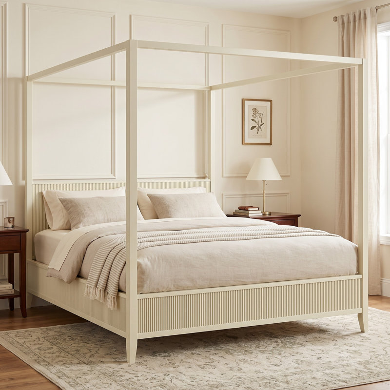 Lit plateforme à baldaquin en bois, tête et pied de lit cannelés, moderne, chambre à coucher, Très grand lit, Beige