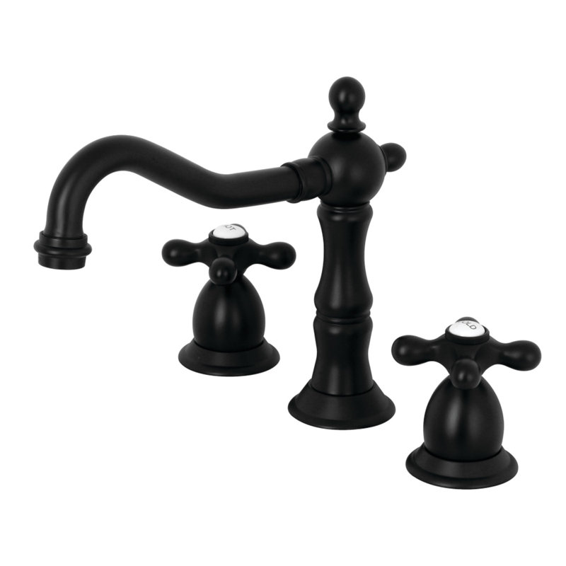 Kingston Brass Heritage Two-Handle 3-Hole Deck Mount Widespread Bathroom Faucet with Brass Pop-Up Drain, Matte Black/White