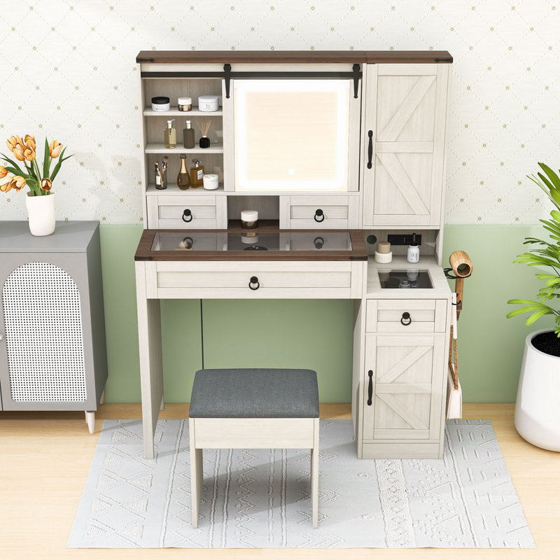 Vanity Desk with Sliding LED Mirror, Charging Station, 4 Drawers and 2 Cabinets, White