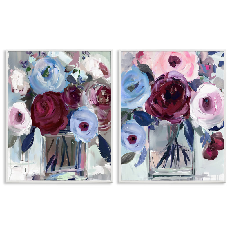 Ensemble de 2 giclées encadrées bourgogne et bleus, conception par Annabelle Hall, H 30 po x l 48 po