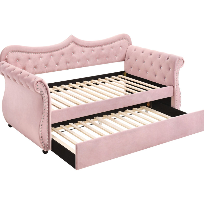 Twin Size Daybed With Pink Upholstery And Trundle, Contemporary Bedroom Desirable Option, Velvet Fabric, Classy Rolled Arms Upholstered Appealing Quality, Soft Upholstery, Graceful Arm Trim