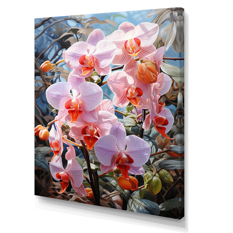 Orchidées roses, allure tropicale sur toile, Toile tendue, H 40 po x l 30 po x P 1,5 po