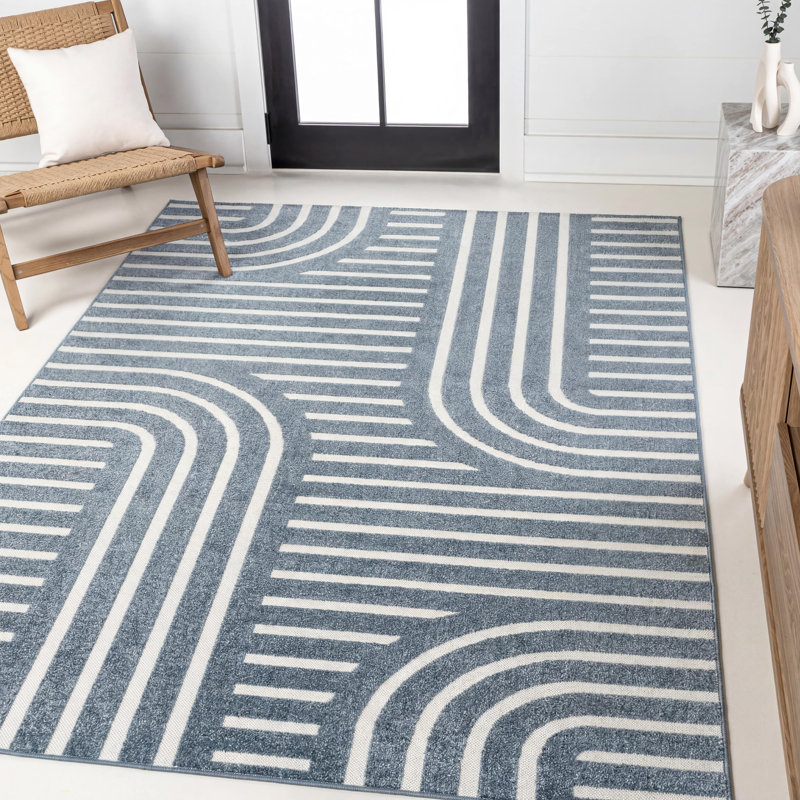 Aleighana High-Low MidCentury Modern Arch Stripe Two-Tone Navy/Cream Indoor/Outdoor Rug, Rectangle 2'11" x 5'