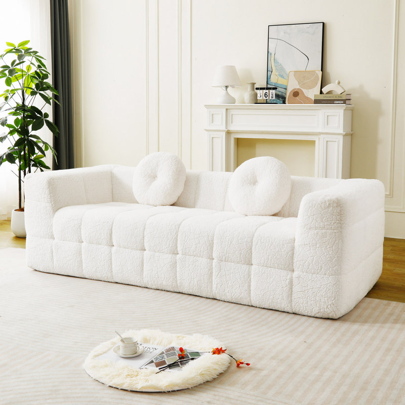 Canapé 84,6 po sans os avec deux coussins décoratifs circulaires, tissu en polyester à poils longs texturé litchi doux pour la peau et canapé en mousse à carreaux à trois places