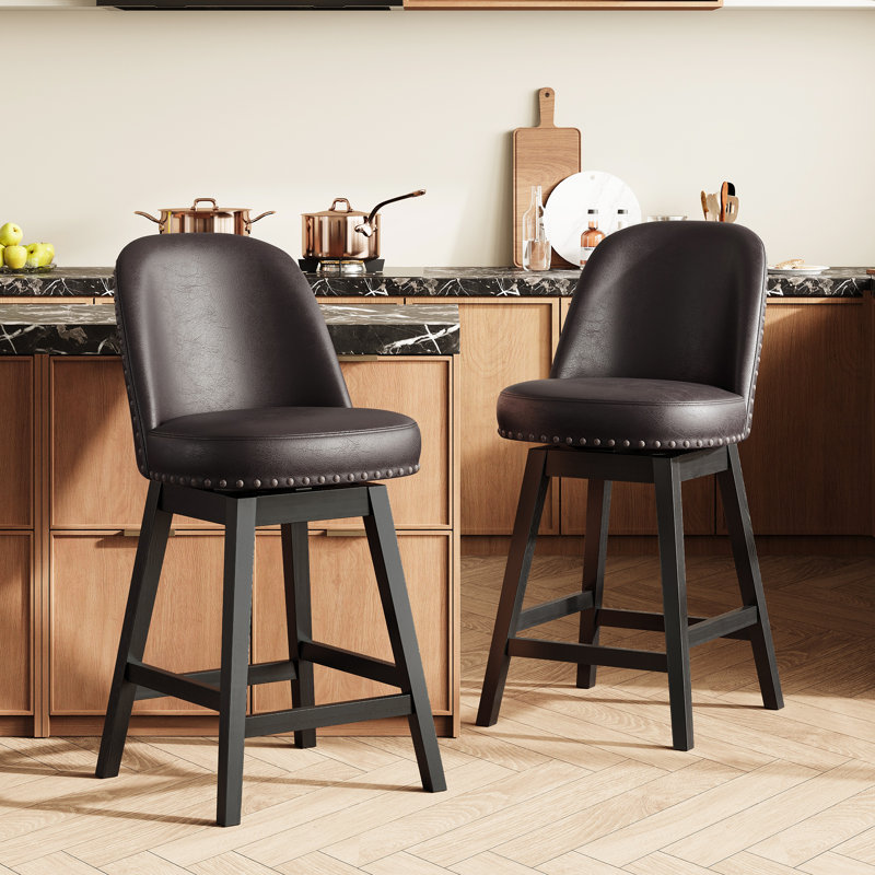 Vintage Upholstered Swivel Bar Stool with Solid Wood Legs, Dark Brown