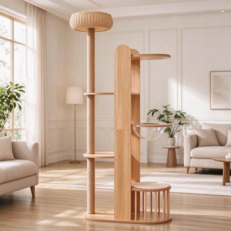 Tour pour arbre à chat multi-niveaux en bois avec poteau à griffes en sisal et maison de chat clôturée