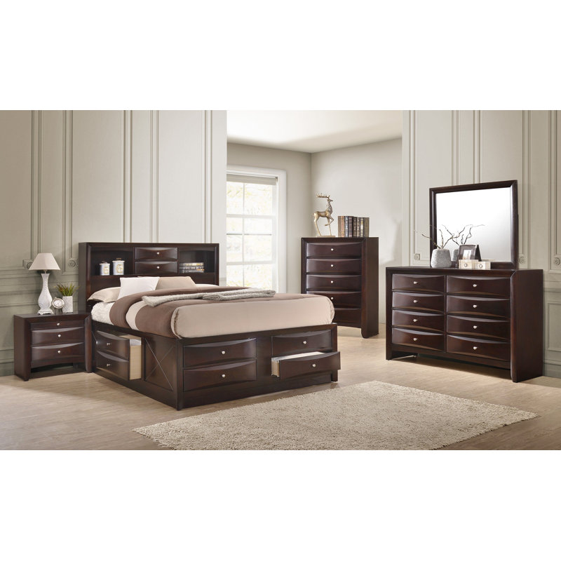 Ensemble de chambre avec grand lit 6 pièces: lit, commode, miroir, 2 tables de chevet, commode, Cerisier foncé, Grand