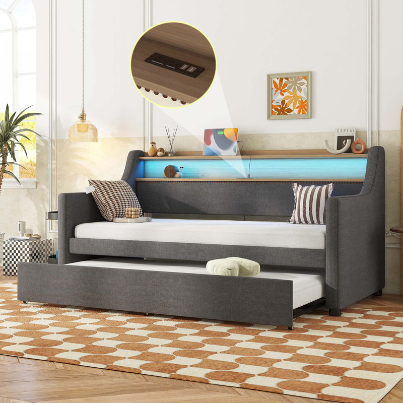 Twin Size Daybed With Trundle, Upholstered Daybed With Charging Station And LED Lights,Linen Fabric, Gray