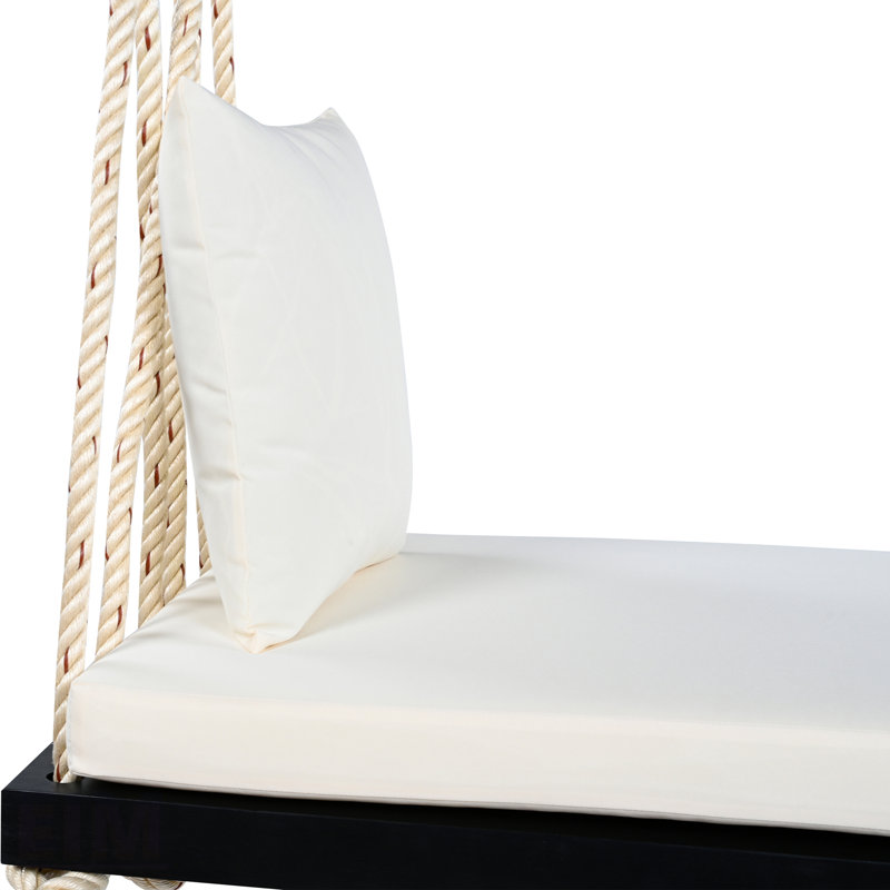 Acacia Wood Patio Swing Chair With Cushion And Pillows, 10.8Ft Hemp Ropes For Garden, Backyard, Lawn, Black, Black, White