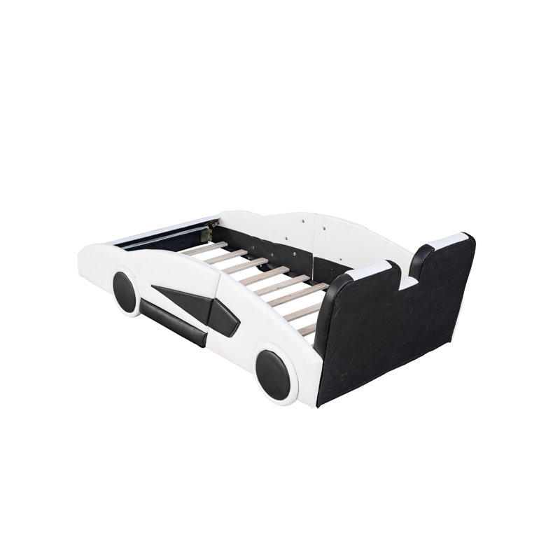 Lit plateforme blanc en forme de voiture simple avec roues coulissantes et garde-corps - Option de structure de taille de chambre à coucher à protection fonctionnelle