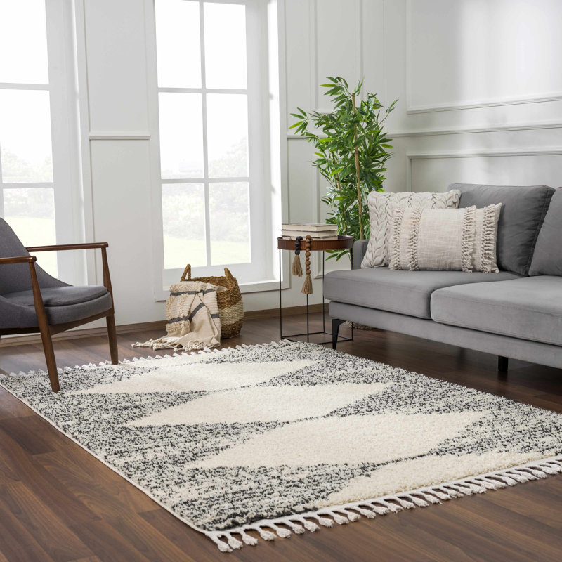 Gray and Beige Geometric Shag Rectangle Area Rug