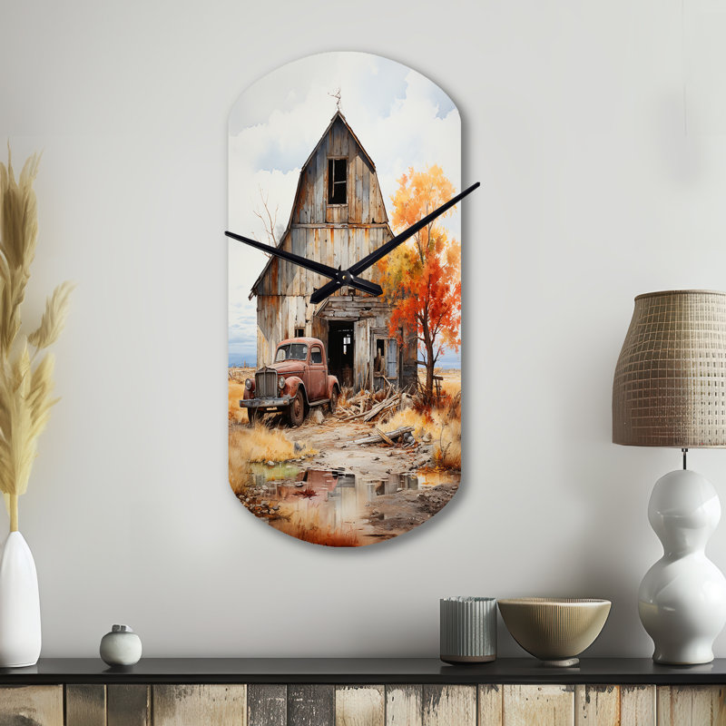 Barns Rustic Charm IX - Barns Cylinder Metal Wall Clock, Traditional Asymmetrical Wall Clock Print, Small