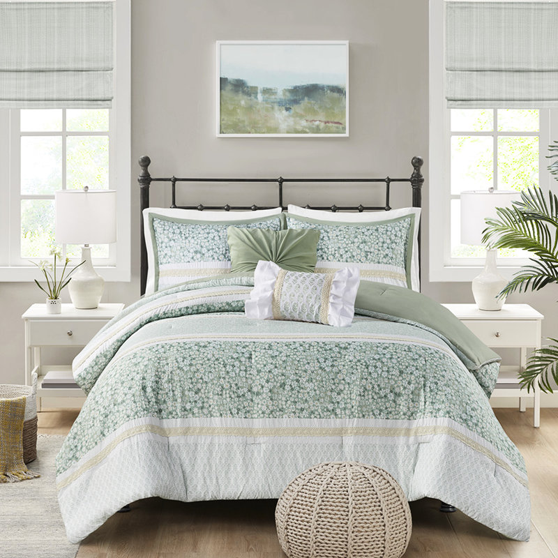 Édredon 5 pièces pour lit double / grand lit - Microfibre Seersucker Shabby Chic Decor Floral Prints 2 Coussins décoratifs Lavable à la machine