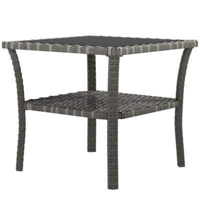 Outsunny Rattan Side Table, Outdoor End Table With Storage Shelf, Aluminum Frame Square, Coffee Table With Tempered Glass Top, Mixed Gray