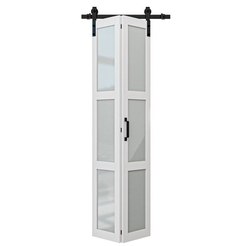 Porte de grange pliante à 3 vantaux en verre blanc dépoli, en bois massif fabriqué, préassemblée et peignable, 127 cm x 213 cm, avec quincaillerie et poignée (idéale pour petit placard, garde-manger, buanderie, salle de bain).