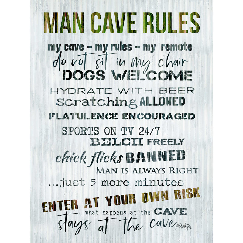 «Man Cave Rules IV» par Marla Rae - reproduction d'art sur toile tendue, H 16 po x l 12 po