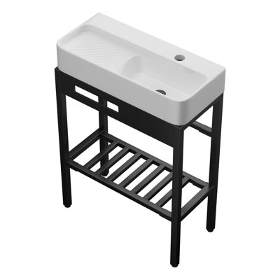 28" x 12" Console Bathroom Sink with Washboard, Stainless Steel Legs, Ceramic Utility Vanity Sink, Open Shelf, Single Hole Faucet Compatible