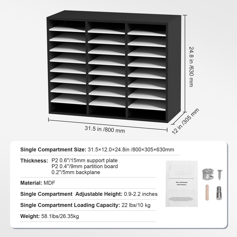 Organisateur de livres 27 compartiments, tablettes réglables, Noir / blanc