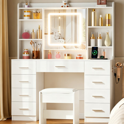 Adriel Vanity Desk With Mirror And Lights, Makeup Table With 9 Drawers, Power Outlet & Stool