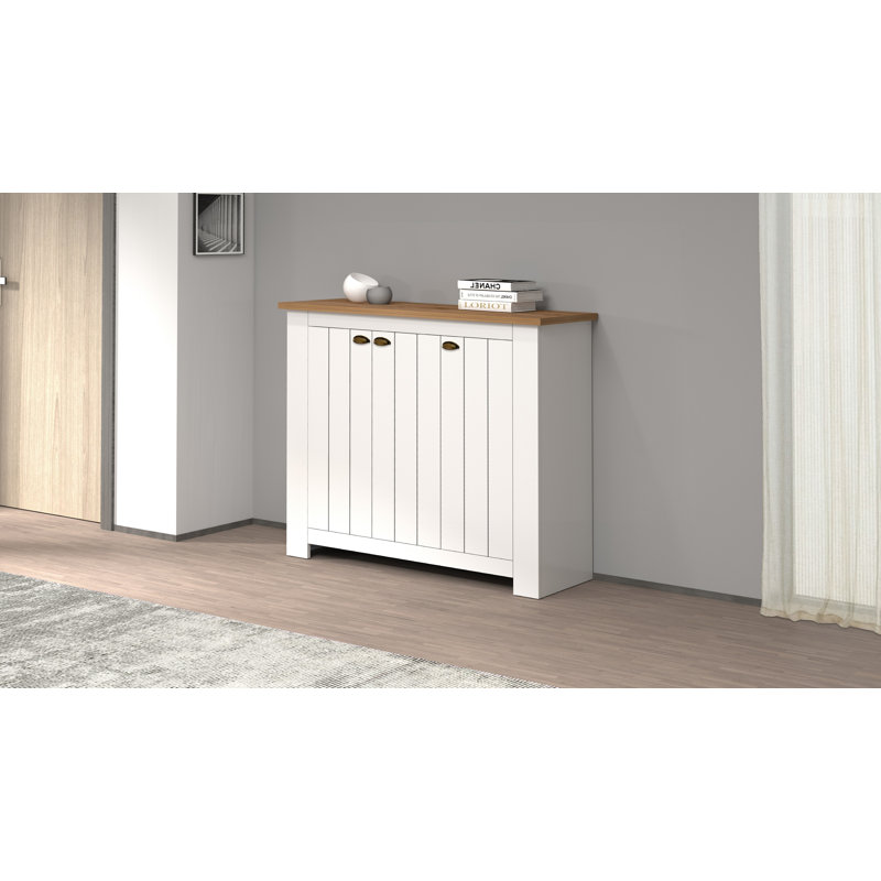 30 Pair Shoe Storage Cabinet, White/Brown Wood