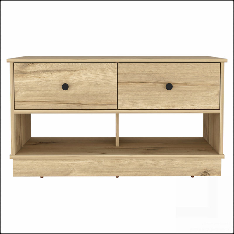 Banc de rangement - deux tablettes ouvertes, deux tiroirs - série Hamilton, détails en métal