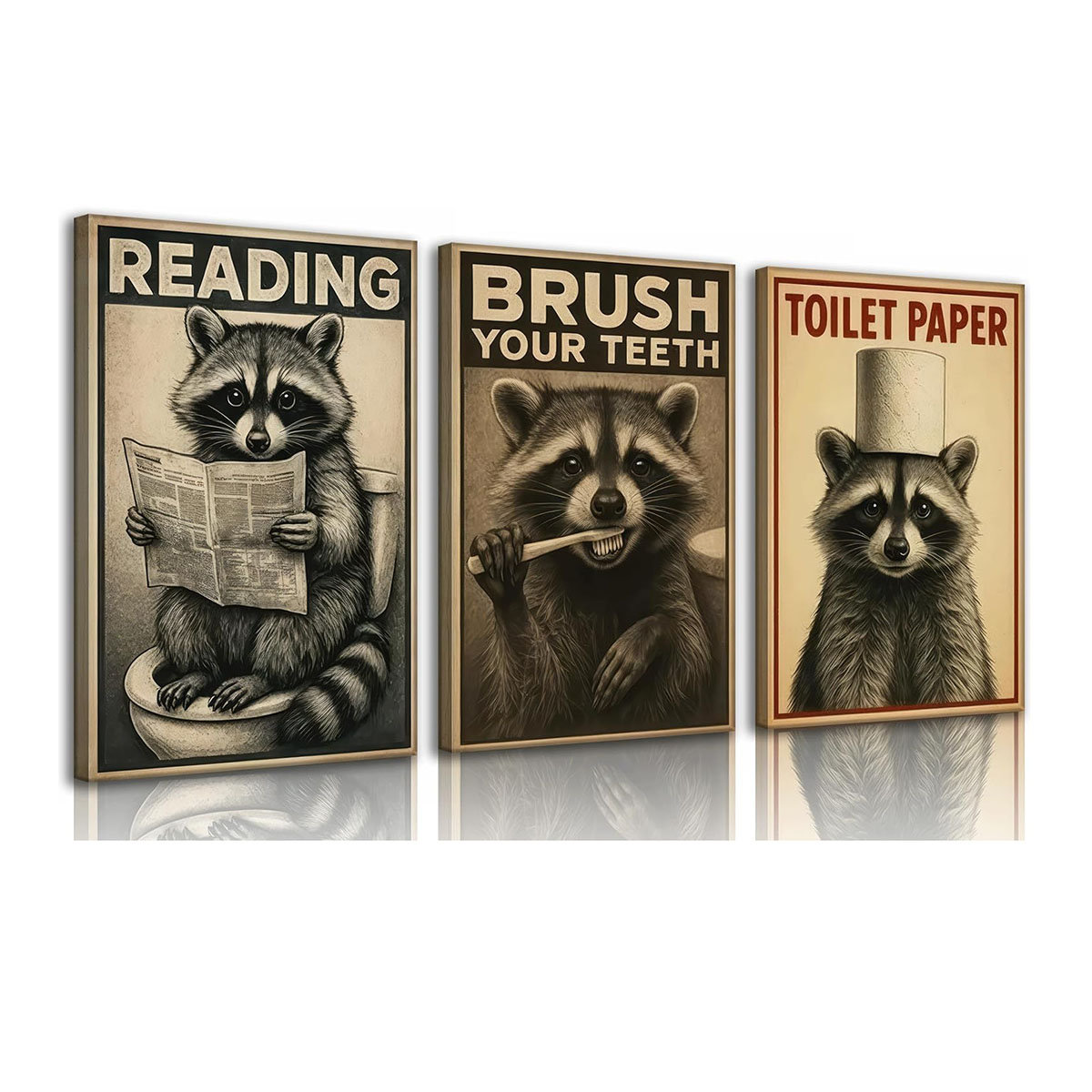 August Grove® Framed 3Pcs Funny Raccoon Bathroom Wall Art Set Vintage ...