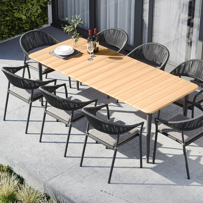Claudia 8 Seater Rectangular Teak Dining Set in Graphite, Charcoal