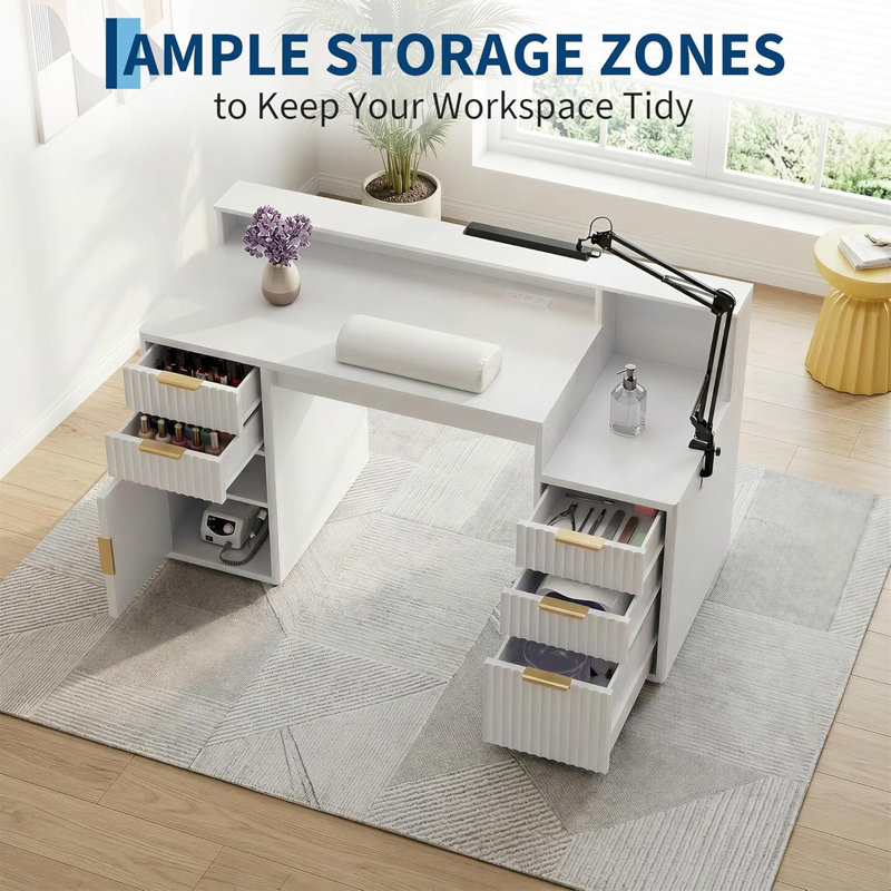 Bureau d'ordinateur avec huche et support pour imprimante, bureau à domicile peu encombrant avec porte ondulée et tiroirs, table d'étude robuste pour étudiants, blanc
