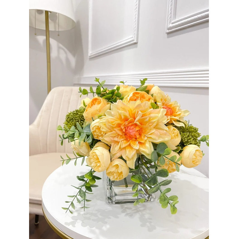 Faux Peony Floral Arrangement In Square Glass Vase