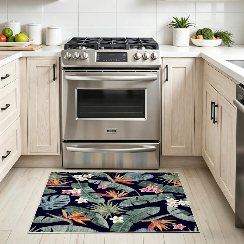 Pink Tropical Palm Leaves Exotic Flowers Floral Banana Island Tree Machine Washable Indoor Area Rug, Rectangle 32" x 47"